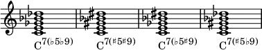  {
\override Score.TimeSignature #'stencil = ##f
\relative c' {
   \clef treble
   \time 4/4
   \key c \major
   \textLengthOn
   <c e ges bes des>1_\markup { \concat { "C" \raise #1 \small { "7(♭5♭9)" } } }
   <c e gis bes dis>_\markup { \concat { "C" \raise #1 \small { "7(♯5♯9)" } } }
   <c e ges bes dis>_\markup { \concat { "C" \raise #1 \small { "7(♭5♯9)" } } }
   <c e gis bes des>_\markup { \concat { "C" \raise #1 \small { "7(♯5♭9)" } } }
} }
