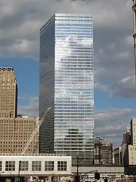 The glass facade of 7 World Trade Center, a skyscraper in New York's World Trade Center