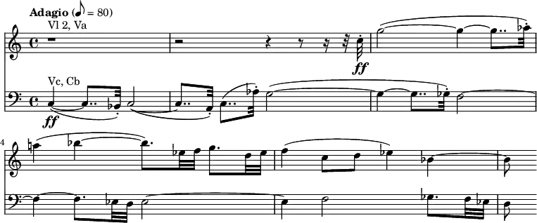 
<<
  \new Staff \with { midiInstrument = #"violin" }
  \relative c'' {
    \tempo "Adagio" 8 = 80
    \key c \major
    \time 4/4
    r1^"Vl 2, Va" |
    r2 r4 r8 r16 r32 c32-.-\ff |
    g'2~( g4~ g8.. as32-.) |
    a!4( bes~ bes8.) es,32 f g8. d32 es |
    f4( c8 d es4) bes4~ |
    bes8
  }
  \new Staff \with { midiInstrument = #"cello" }
  \relative c {
    \clef bass
    c4~(-\ff^"Vc, Cb" c8.. bes32-.) c2~( |
    c8.. a32-.) c8..( as'32-.) g2~( |
    g4~ g8.. ges32-.) f2~ |
    f4~ f8. es32 d es2~ |
    es4 f2 ges8. f32 es |
    d8
  }
>>
