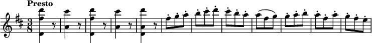 
\relative c''' { \set Score.tempoHideNote = ##t \tempo "Presto" 4=175 \key d \major \time 3/8
  <d fis, d,>4 r8 <cis a,>4 r8 <d fis, d,>4 r8 <cis a,>4 r8 <d a, d,>4 r8
  fis,8-. g-. a-. b-. cis-. d-. cis-. b-. a-. a( fis g)
  g-. a-. b-. a-. fis-. a-. g-. fis-. e-.
}
