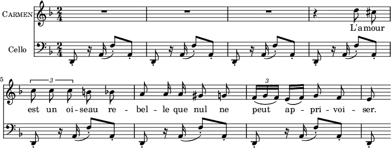 
\header { 
  tagline = ""  % removed 
} 
\score {
  <<
    \new Voice = "Carmen" {
      \set Staff.vocalName = \markup \smallCaps Carmen
      \clef treble \time 2/4 \key d \minor
      R2 R2 R2
      \relative d'' { \autoBeamOff
        r4 d8 cis \tupletUp \times 2/3 { c c c } b bes
        a8 a16 a gis8 g \autoBeamOn \times 2/3 { f16( g f) } e[( f)] \autoBeamOff g8 f
        e8 \autoBeamOn
      }
    }
    \new Lyrics \lyricsto Carmen { L'a -- mour est un oi -- seau re -- bel -- le que nul ne peut ap -- pri -- voi -- ser. }
    \new Staff {
      \set Staff.instrumentName = "Cello"
      \clef bass \time 2/4 \key d \minor
      {
        d,8-. r16 a,( f8-.) a,-. 
        d,8-. r16 a,( f8-.) a,-.  d,8-. r16 a,( f8-.) a,-. 
        d,8-. r16 a,( f8-.) a,-.  d,8-. r16 a,( f8-.) a,-. 
        d,8-. r16 a,( f8-.) a,-.  d,8-. r16 a,( f8-.) a,-. 
        d,8-.
      }
    }
  >>
}
