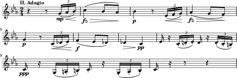 
\relative{
  \set Staff.midiInstrument = "cello"
  \key ees \major
  \time 2/4
  \tempo \markup "II. Adagio"
  r4 r8 \tuplet 3/2 { [g'16\<\mp( aes16 bes16 )] } \! | c4\fz\>( bes8 aes8 )\! | bes4\p r8 \tuplet 3/2 { [ees,16\<( f16 g16 ) ] } \! | aes4\fz( \> g8 f8 ) \! | \break
  g4\p r8 \tuplet 3/2 { [c,16\<( des16 ees16 ) ] } | f4\f( ees8 des8 ) | des4\> c4\pp | ees16 r16 \tuplet 3/2 { [c16-.( d!16-. ees16-.) ] } d16 r16 \tuplet 3/2 { [ d16-.( c16-. b16-.) ] } | \break
  c16\ppp r16 \tuplet 3/2 {g16( a16-. b16-.) } c16-. r16 \tuplet 3/2 {g16-.( a16-. b16-.) } | c16 r16 r8 r4
}
