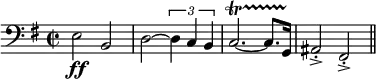 
  \relative c{
    \set Staff.midiInstrument = #"tuba"
    \set Score.tempoHideNote = ##t
    \tempo 4 = 130
    \clef bass
    \key g \major
    \time 2/2 
      e2 \ff b d~ \times 2/3 { d4 c b } c2.~\startTrillSpan c8. g16\stopTrillSpan ais2\accent\staccato fis\accent\staccato \bar "||"
  }
