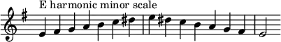  {
\omit Score.TimeSignature \relative c' {
  \key e \minor \time 7/4 e^"E harmonic minor scale" fis g a b c dis e dis c b a g fis e2
} }
