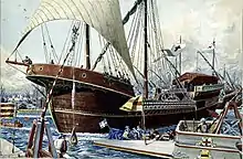 Painting of a large-hulled, lateen-sailed ship amidst a fleet of smaller vessels