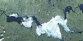 A satellite image of a lake