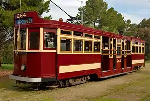 Type F1 tram no. 264, built 1929; 84 almost identical F and F1 types, constructed from 1921 to 1928, were the most numerous of Adelaide's electric trams