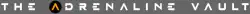 The text "The Adrenaline Vault" on a dim gray background, in all-caps and all white except for the first "A", which is orange and enclosed in a black circle. The "A"s are stylized to look like capital lambdas (Λ), and the "E"s resemble capital xis (Ξ).