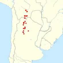 Scattered localities in a narrow strip from northwestern Argentina to south-central Bolivia