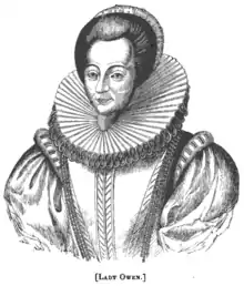 A black-and-white engraving of a woman, visible up to her waist, with the caption "Lady Owen."