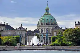 Amaliehaven viewed from the water with the Marble Church flanked by two of the mansions of Amalienborg Palace as a backdrop