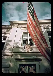 American embassy in Warsaw during German air raid in September 1939.