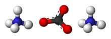 Ball-and-stick model of two ammonium cations and one carbonate anion