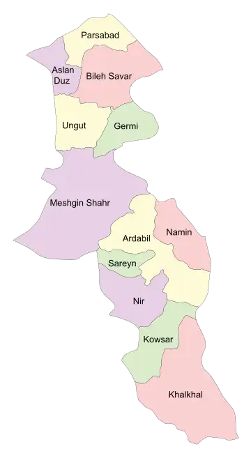 Location of Khalkhal County in Ardabil province (bottom, pink)