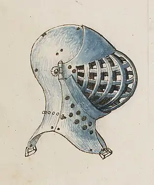 A late-period great bascinet for tournament use. Note the skull and back gorget are formed in one piece, and there are strapping points to secure the helmet to the cuirass.