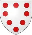 Argent, eight torteaux (roundels gules) in orle; alternatively an orle of eight torteaux