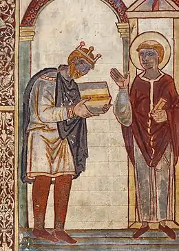 Crude painting of King Athelstan wearing his crown and handing over the book to a haloed Saint Cuthbert. Both men wear medieval robes.