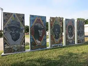 Mosaics depicting Willie Wells, Smokey Joe Williams, Toni Stone, Hilton Smith, and Satchel Paige