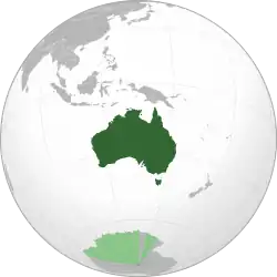 A map of the eastern hemisphere centred on Australia, using an orthographic projection.