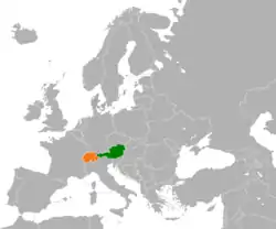 Map indicating locations of Austria and Switzerland