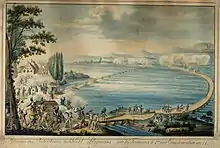 water color showing wide river with pontoon bridges and soldiers fighting