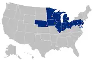 The Big Ten as it existed between 2014 and 2024, after the additions of Maryland and Rutgers