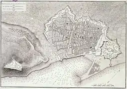 Map of Barcelona (c. 1806) showing the city in the centre, flanked by the Citadel to the right and Montjuïc Castle to the left.