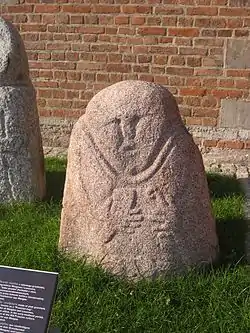 Medieval sculpture, so-called "stone baba", used to stand on the border of Mózgowo and Laseczno. Today in Gdańsk, Muzeum Archeologiczne