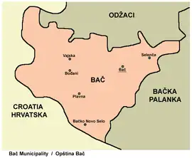 Map of the Bač municipality, showing the location of Bođani