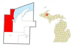 Location within Baraga County and the administered village of Baraga (1) and the CDP of Pelkie (2)