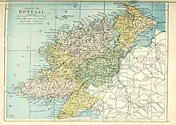 Barony map of County Donegal, 1900; Banagh is in the southwest, coloured peach.