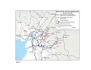 A map showing a front line with the UN labeled in blue and the Chinese in red. Multiple blue arrows are moving down with the red arrows intercepting them