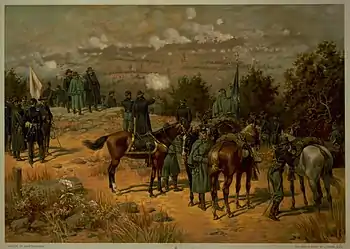 Painting shows several generals and staff in the foreground watching a battle being fought in the distance.