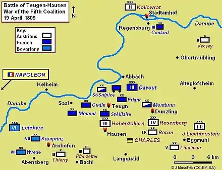 Battle of Teugen-Hausen, showing the attempt by Archduke Charles to cut off Marshal Davout