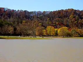 A lake with a forested mountain ridge in the background during autumn.