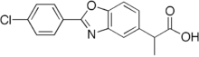 Two-dimensional monochrome diagram showing the structure of the molecule of Benoxaprofen, uing the hexagonal style to depict a chemical compound.