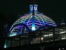 Rainbow illuminated Nollendorfplatz U-Bahn (subway) station by night, December 2013