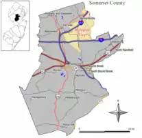 Location of Bernards Township in Somerset County highlighted in yellow (right). Inset map: Location of Somerset County in New Jersey highlighted in black (left).