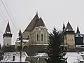 The fortified church in winter