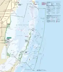 Image 7Map of Biscayne National Park, Florida, using a variety of point symbols, along with line and area symbols. Note the use of coordinated fill and stroke symbols for the national park area to solve the challenge of a water boundary. (from Cartographic design)