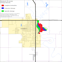 1955 tornado destruction map of Blackwell