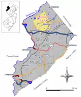 Location of Blairstown Township in Warren County highlighted in yellow (right). Inset map: Location of Warren County in New Jersey highlighted in black (left).