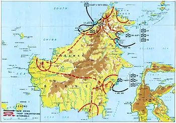 Image 17A map showing the progress of the Borneo campaign (from Military history of Australia during World War II)