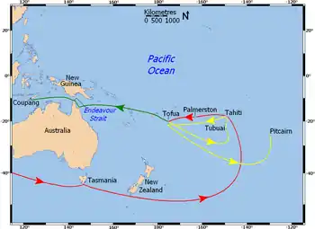 Map shows Australaian and New Zealand landmasses and a section of the southern Pacific Ocean. Bounty's travels are depicted by directional arrows coloured to distinguish movements before and after the mutiny.