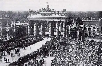 The Brandenburg Gate in 1871 with decorations and victorious Prussian troops after the Franco-Prussian War