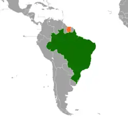 Map indicating locations of Brazil and Suriname