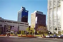 The Adelaide Street facade of the Law Courts Complex with the State Law Building behind it.  The garden park area, in front, is where Brisbane Square now stands