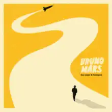 The silhouette of a rocket is shown flying away through a yellow background, leaving behind a trail on which the silhouette of a fedora-wearing man is walking. The words "Bruno Mars", in beige capital font, and "Doo-Wops & Hooligans", in lower case black font, are printed to the right.