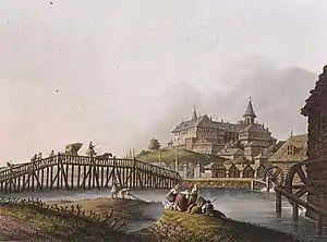 The bridge over the river Dâmbovița, getting to the Mihai Vodă Monastery  (William Watts, following the drawing from 1793 of Luigi Mayer)