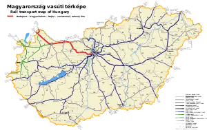 Route map showing the path of the Budapest–Hegyeshalom railway line